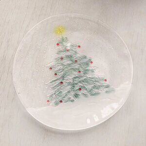 Vintage LE Smith Large Clear Glass Christmas Tree Platter with Colored Details